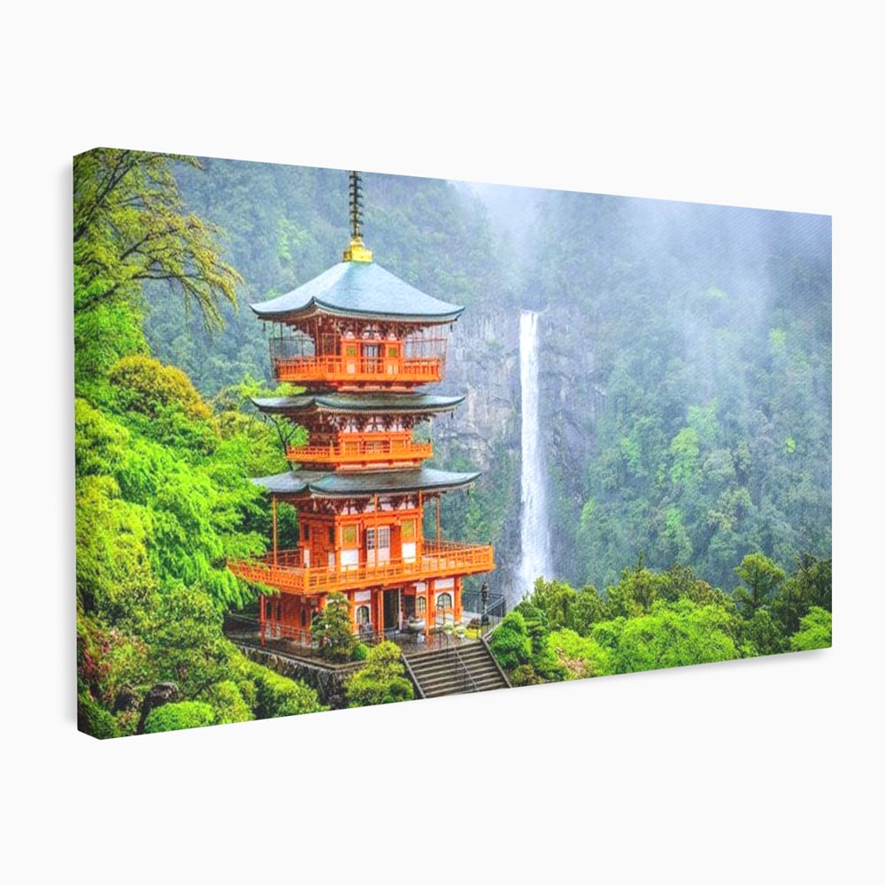 Tablou canvas cu tablou canvas cu pagoda si cascada, fara rama, pe sasiu de lemn